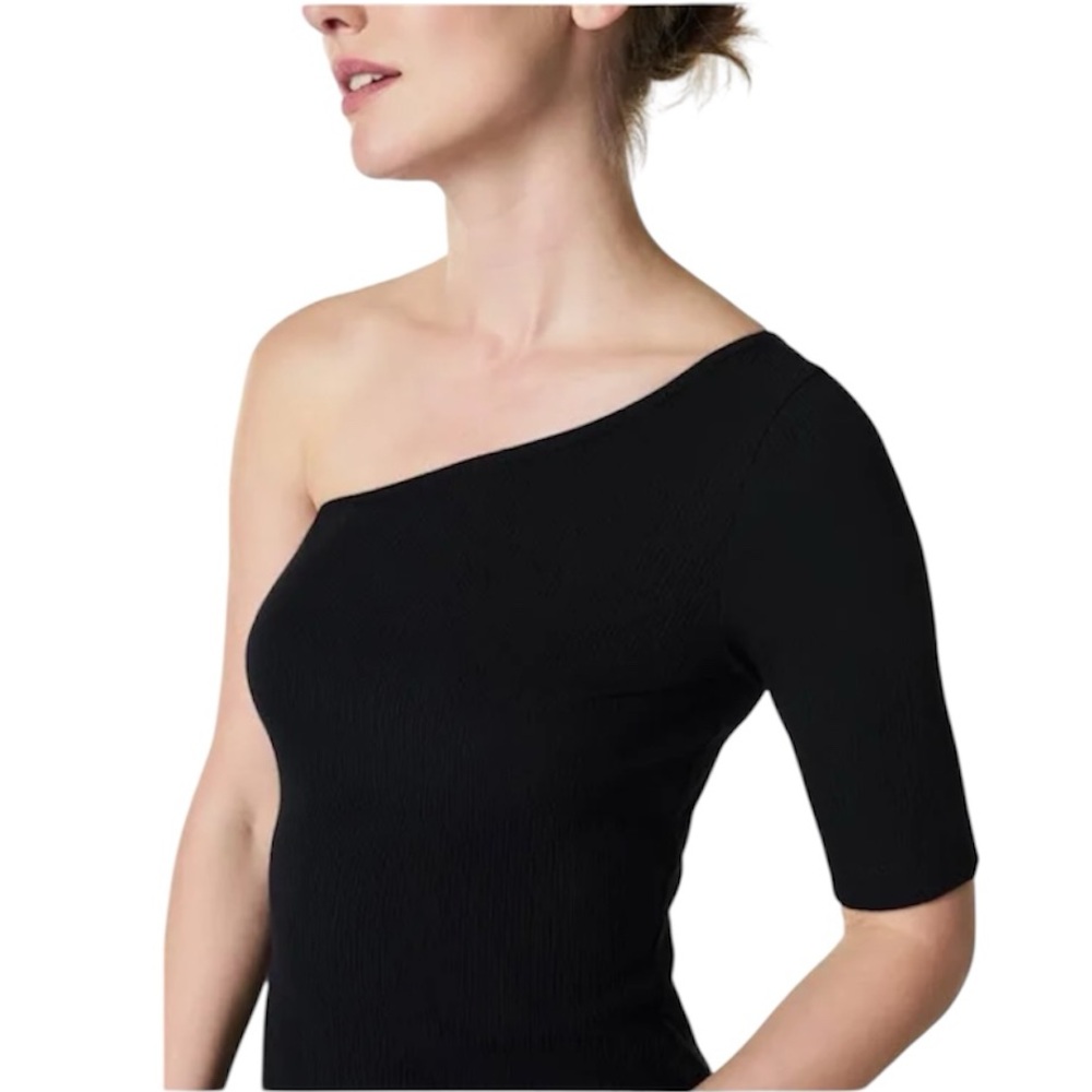 NWT Spanx Women's Stretch Rib One-Shoulder Top Black Sz M